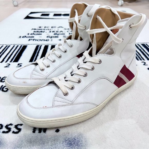 Bally Oldani White Leather Stripe Logo Hi Top Lace Up Sneakers.